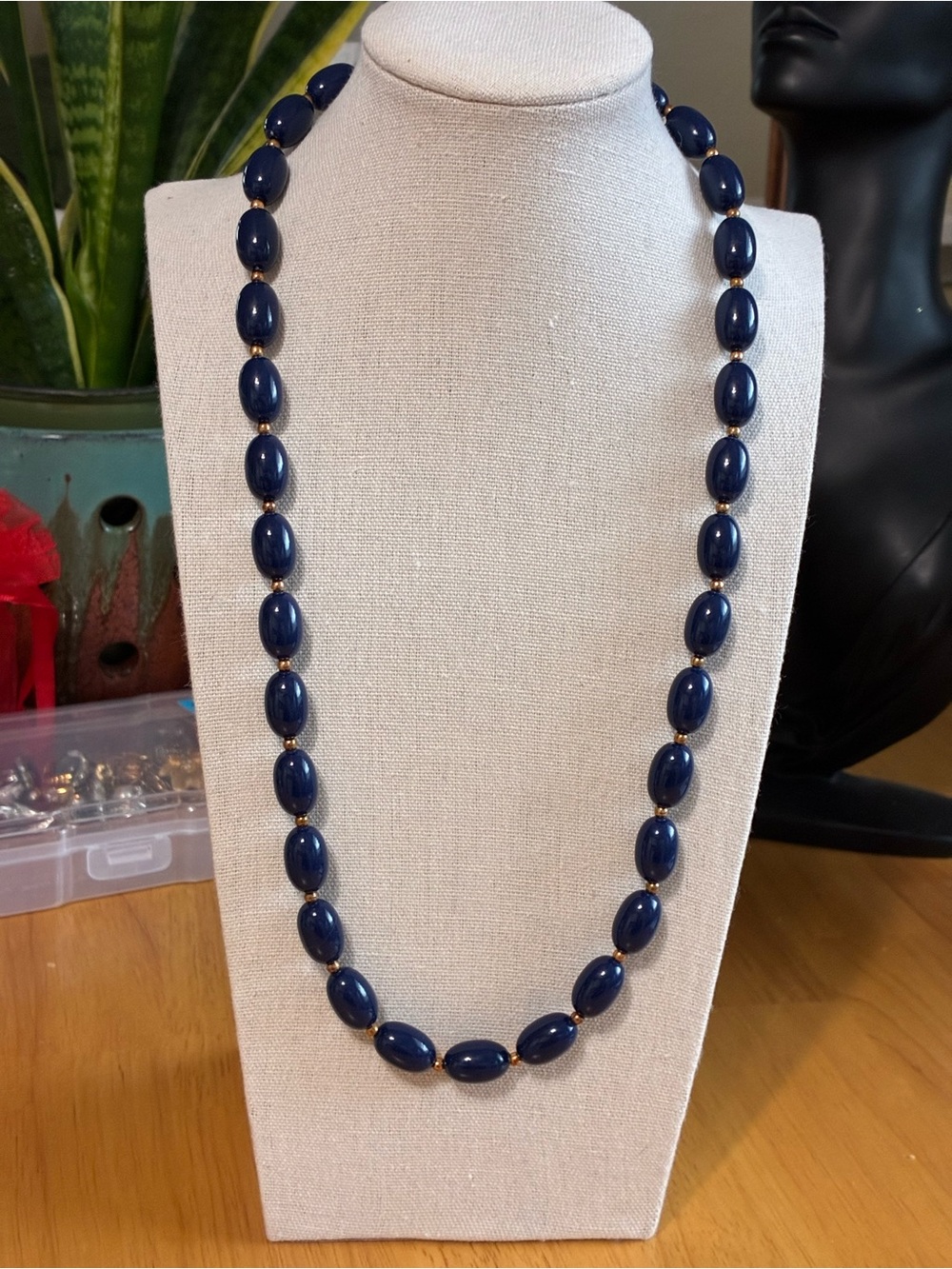 Vintage Navy Beaded Necklace with Gold Accents - Women Jewelry